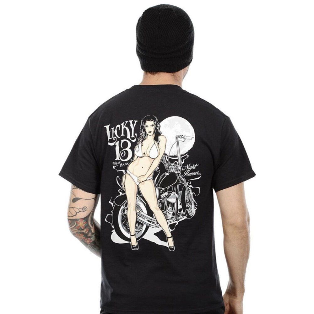 Lucky 13 Night Runner Pin Up Motorcycle Rockabilly Authentic T-Shirt L - 3XL New